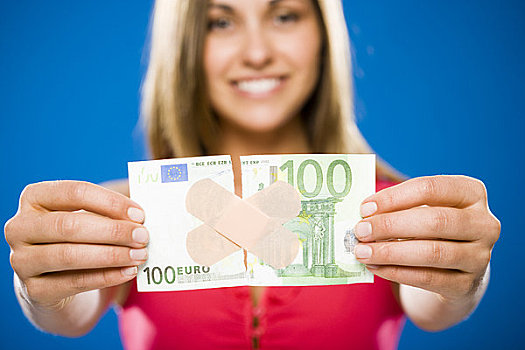 女人,撕破,100,美元,欧元,钞票,塑料制品