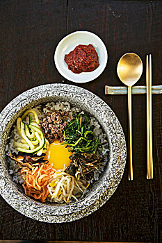 韩国,盘子,俯视,勺子,筷子
