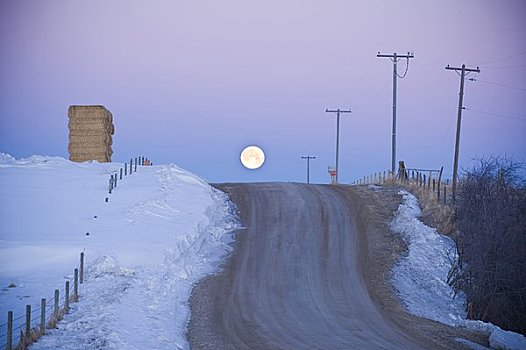 乡村道路,冬天,月出,空中,蒙大拿,美国