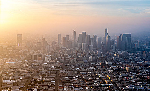 洛杉矶市区,摩天大楼,雾气,烟雾,洛杉矶,加利福尼亚,美国