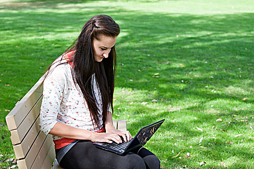 女青年,坐,公园长椅,工作,笔记本电脑,艾伯塔省,加拿大