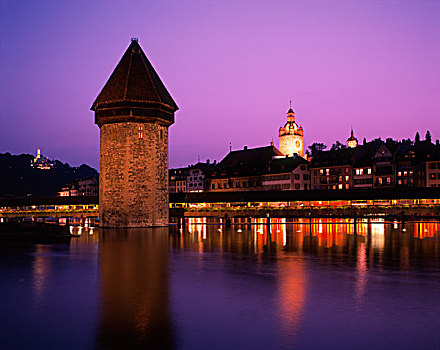 水塔,市政厅,小教堂,桥,上方,河,日落,卢塞恩,瑞士