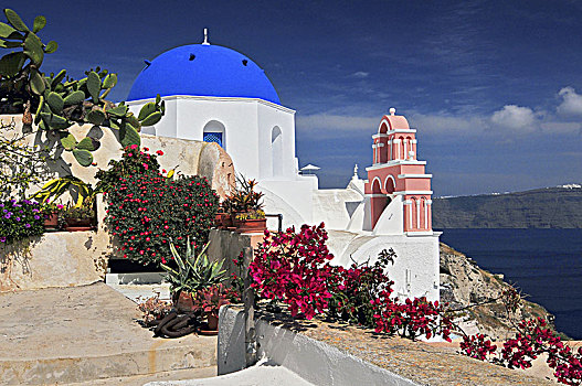 希腊,教堂,蓝色,圆顶,粉色,钟楼,锡拉岛,基克拉迪群岛,希腊群岛,欧洲