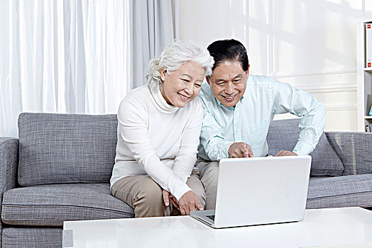 老年夫妇在沙发前玩电脑