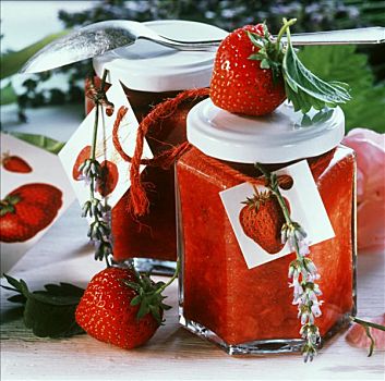 草莓蜜饯,酱罐,装饰,薰衣草