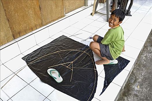 男孩,建筑,风筝,靠近,巴厘岛,印度尼西亚