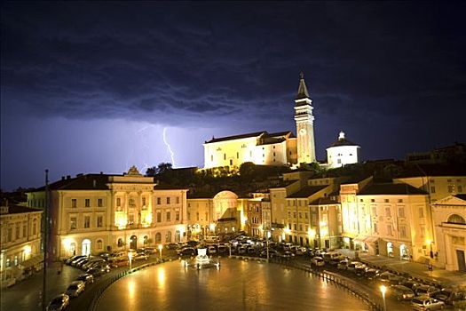 斯洛文尼亚,夜晚,闪电,惊人,圣乔治,大教堂,城镇