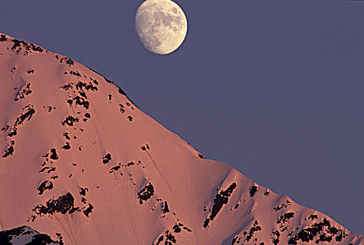 阿拉斯加,特纳甘湾,月亮,上方,积雪,科奈山地