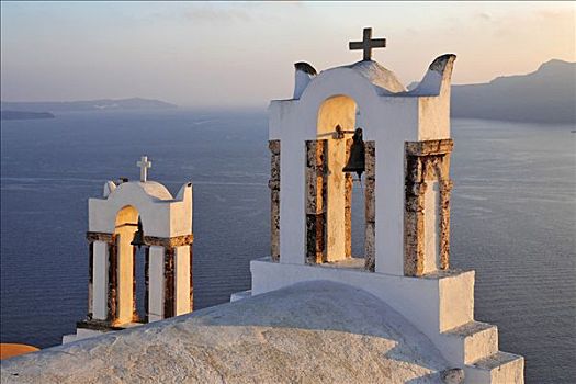 钟楼,小教堂,日落,锡拉岛,希腊