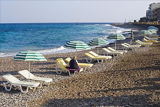 沙滩伞,休闲椅,海滩,林都斯,罗得斯,多德卡尼斯群岛,希腊