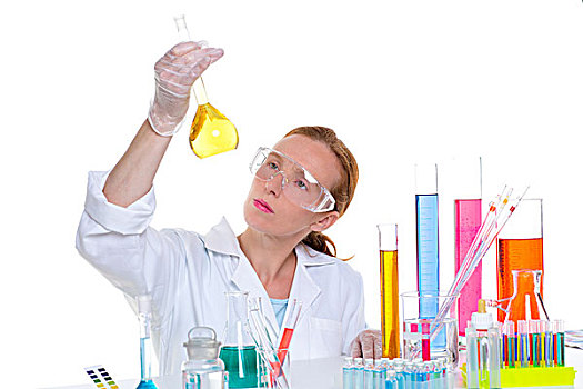 化学品,实验室,科学家,女人,眼镜,长颈瓶