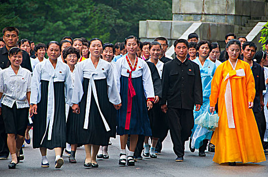 彩色,衣服,游人,神圣,山,妙香山,朝鲜