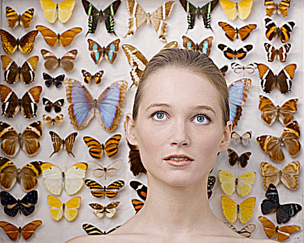 年轻,女人,肖像,蝴蝶,收集