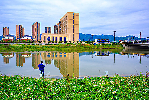 宁海,天明湖,湖,水,城市,建筑