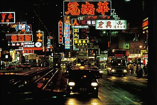 香港,铜锣湾,夜景,汽车,街上,围绕,彩色,霓虹灯