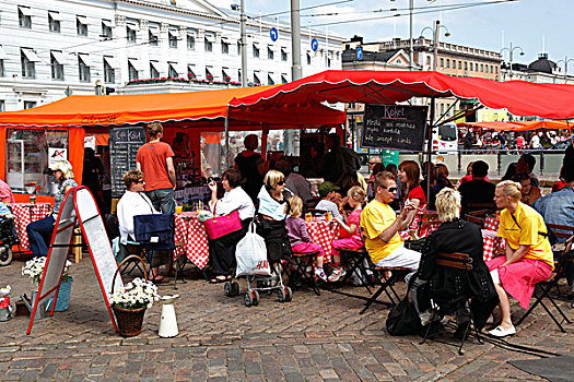 芬兰,赫尔辛基,休闲场所,市场,市政厅,露天咖啡馆