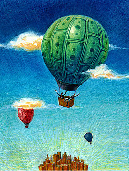 插画,热气球,漂浮,俯视,城市