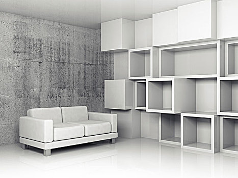 抽象,室内,水泥,办公室,白色,立方体,舒缓,装饰,墙壁,黑色,皮沙发,插画