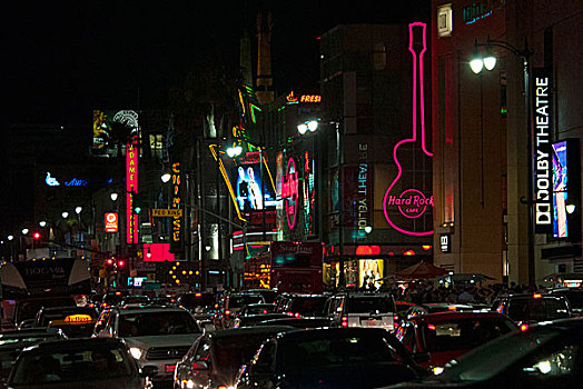 夜晚,好莱坞大道,洛杉矶,加利福尼亚