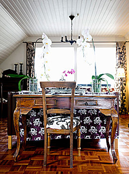 兰花,老式,红木,书桌,椅子,乡村,客厅,白色,倾斜,天花板