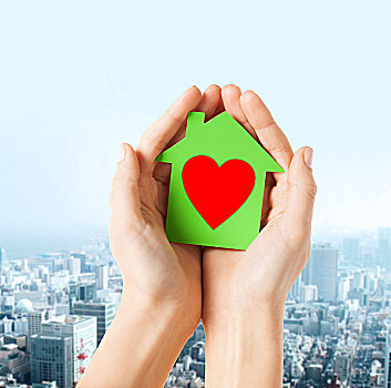 慈善,房地产,家,概念,特写,拿着,绿色,纸,房子,红色,心形