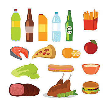 健康,不良饮食,食物,象征,垃圾食品,隔绝,白色背景,饮料,局部,序列,健康饮食,健身,矢量,插画
