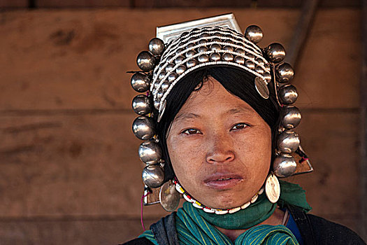 女人,阿卡族,部落,特色,头饰,头像,乡村,靠近,钳,掸邦,金三角,缅甸,亚洲