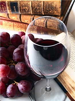 葡萄酒,玻璃杯,葡萄,旧书