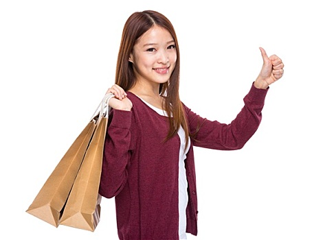 亚洲人,美女,购物袋,竖大拇指