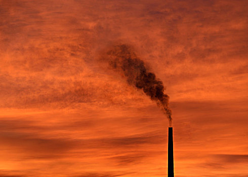 烟,排放,工厂,烟囱,日落
