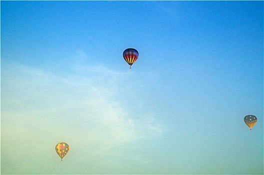 三个,热气球,飞,高处,晨雾