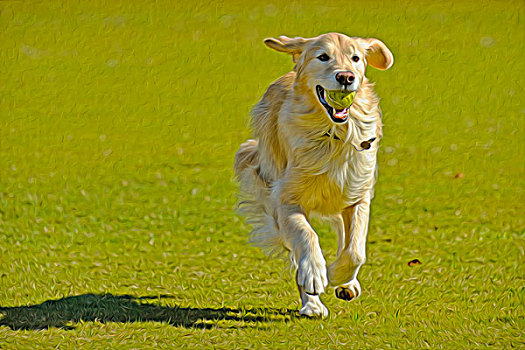 金毛猎犬,绿色,草坪,网球,嘴