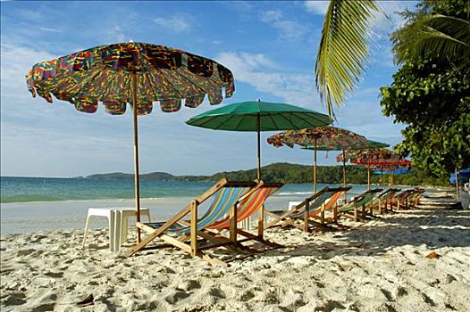 伞,白色,沙滩,蓝色海洋,海滩,苏梅岛,泰国