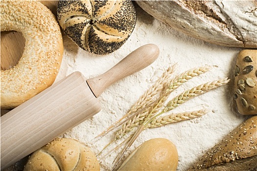 面包,堆,面粉,擀面杖,小麦