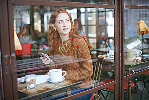 风景,窗户,女人,咖啡馆,打手机