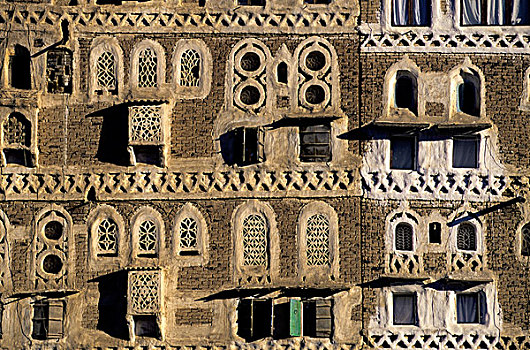 也门,老城,建筑,特写,房子,窗户