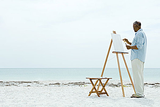 老人,绘画,帆布,海滩,侧面视角