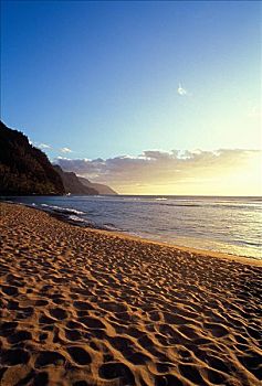 夏威夷,考艾岛,纳帕利海岸,海耶纳,海滩,日落