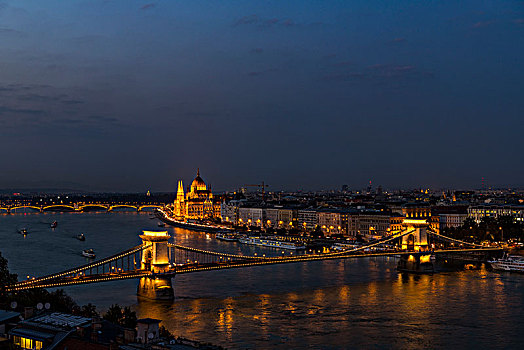城市风光,多瑙河,链索桥,议会,黄昏,布达佩斯,匈牙利,欧洲