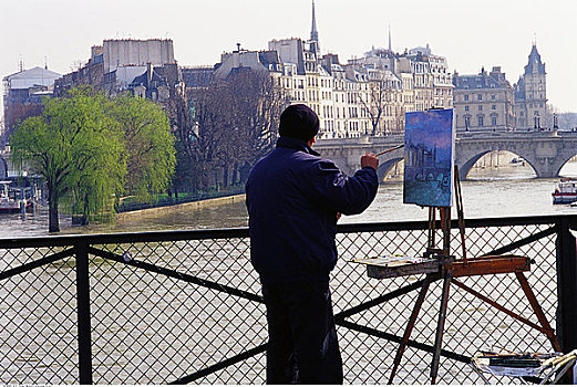 后视图,艺术家,绘画,艺术桥,巴黎,法国