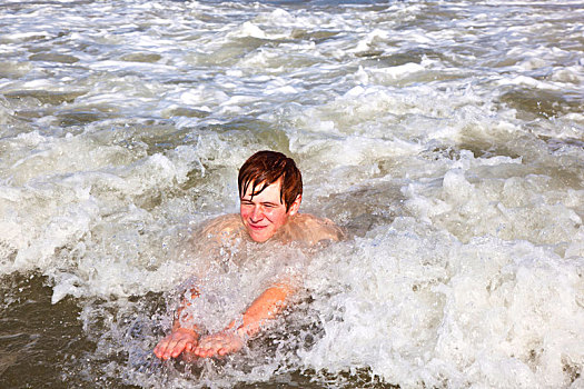 男孩,身体,冲浪,波浪,海洋
