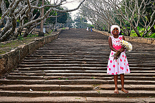 女孩,莲花,石头,楼梯,佛教寺庙,复杂,阿努拉德普勒,北方,中央省,斯里兰卡,亚洲