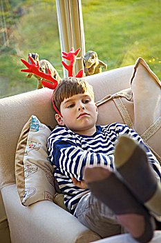 郁闷,男孩,穿,圣诞节,鹿角
