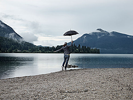 女人,伞,安静,湖