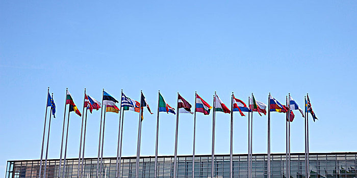 各国国旗,蓝天,欧洲议会,斯特拉斯堡,阿尔萨斯,法国,欧洲