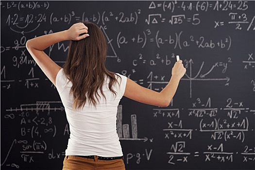 美女,看,数学,问题,黑板