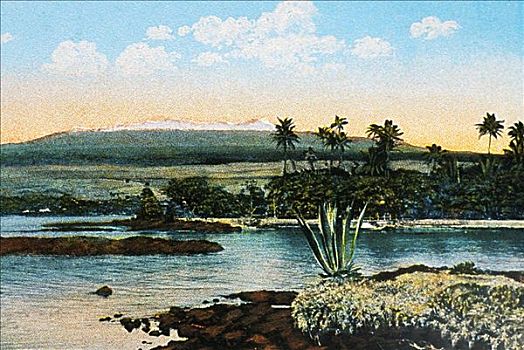 明信片,夏威夷,夏威夷大岛,湾,宁和,风景,莫纳克亚,远景