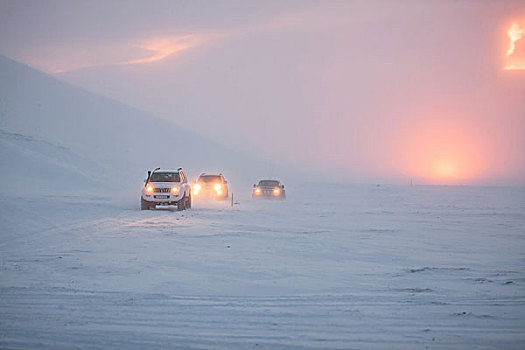 三个,野外,交通工具,驾驶,高地,冰岛,冬季