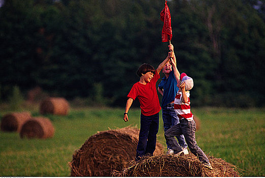 三个男孩,站立,干草包,拿着,旗帜