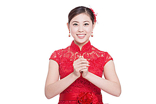 年轻,中国人,女人,红色,旗袍,问候,手势,春节,白色背景,背景